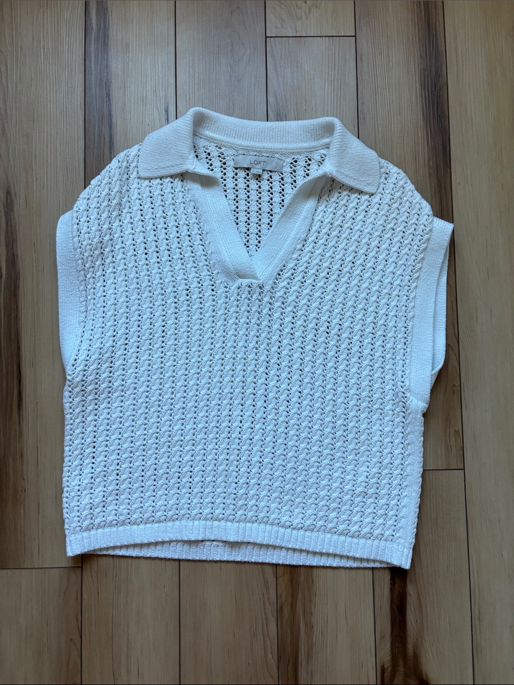 LOFT Cream Open-Weave Collared V-Neck Sweater Vest